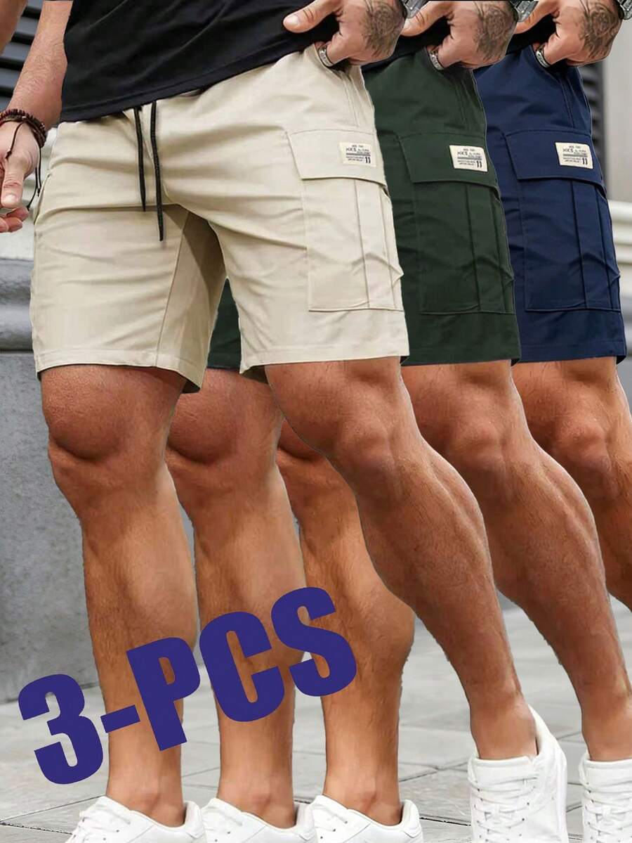 男士夏季休闲工装短裤三件套,侧袋设计,户外运动及膝裤 - 彩色 - 查看 1