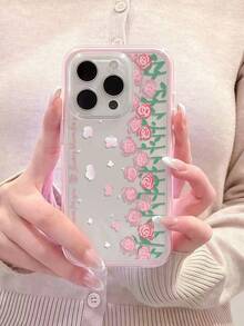1pc Fashion Creative Full-Screen Rose Pink Flower & Letter Pattern Phone Case, Dual-Color TPU Shockproof Soft Cover Compatible With Apple 11/12/13/14/14Plus/15/15Plus/16/16Plus/17/17Pro - Multicolor - View 4