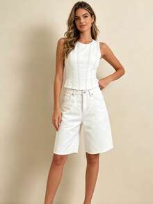 Women Loose Fit Denim Shorts Elegant Solid Color Zip Fly with Button Closure Knee Length Bermuda Jean Shorts for Beach Daily Wear - Blanco - Ver 2