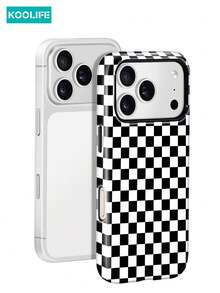 Koolife 1個黑白棋盤格手機殼，2合1 PC+TPU 防摔保護套，亮面設計，適用於 Apple 17/17Pro/17ProMax/16/15/14/13 - 黑白方格 - 查看 2