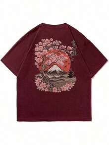The Hottest Item Of The Summer: Men's Short-Sleeved Crew Neck T-Shirt With Embroidered Sakura And Mountain Print, Minimalist Summer Fashion. | Basic Casual Urban Style T-Shirt, Boyfriend Gift, Stylish, Popular, Party T-Shirt. - 紅色 - 查看 2