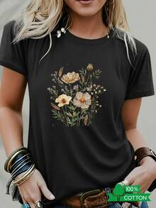 New 2026 Collection: Cotton T-Shirt With Anime Letter Print, Women's Round Neck T-Shirt With Simple Design, Comfortable And Breathable, Suitable For Casual And Versatile Daily Wear, Showing A Natural And Elegant Style, A Must-Have For Summer Parties, Local Shipping, Leopard Print, Light Colored Floral Print, Lightweight Cotton. - 黑色 - 查看 1