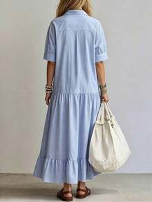 Vestido largo holgado de mujer con cuello en V, de manga 3/4, a rayas azules y blancas, cómodo para primavera/verano - Azul y blanco - Ver 2