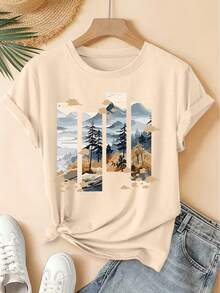 Women's Casual Summer T-Shirt 2026, New Short Sleeve Crew Neck Four-Panel Landscape Print T-Shirt, Vintage Distressed Style, Casual Sports Top, Soft Knit Fabric, High-Quality Women's Clothing. | Fun And Original Design | Fun And Rejuvenating Top - 杏色 - 查看 12