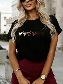 Women's Short Sleeve Blouse - Orange Heart Print Round Neck T-Shirt, Short Sleeve Summer Top, Machine Washable Casual Spring/Summer Clothes, Elegant Casual Outfits Style 3388# - 黑色 - 查看 6