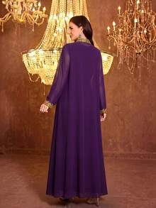 SUPGIR Women's Long Sleeve Applique Belt Sequin Chiffon Dress - Purple - View 3