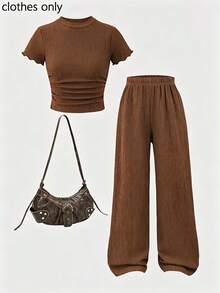 Girls' Basic Summer Set, Textured Knit Short Sleeve Top + Flowy Pants, Suitable For Casual, Ins Style, School, Vacation - Coffee Brown - View 2