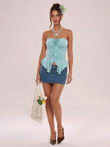 Top halter verde menta con decoración floral 3D y dobladillo con volantes, longitud corta - Verde - Ver 5