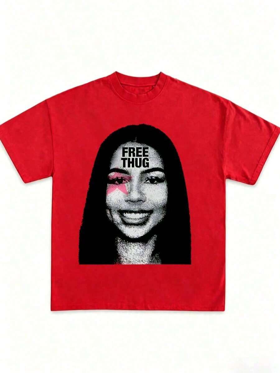 Unisex Mariah Hip Hop Graphic Tee, 100% Cotton Crew Neck Oversized Short Sleeve T-Shirt, Vintage Y2K Streetwear Printed Casual Tops For Men Women - 紅色 - 查看 1