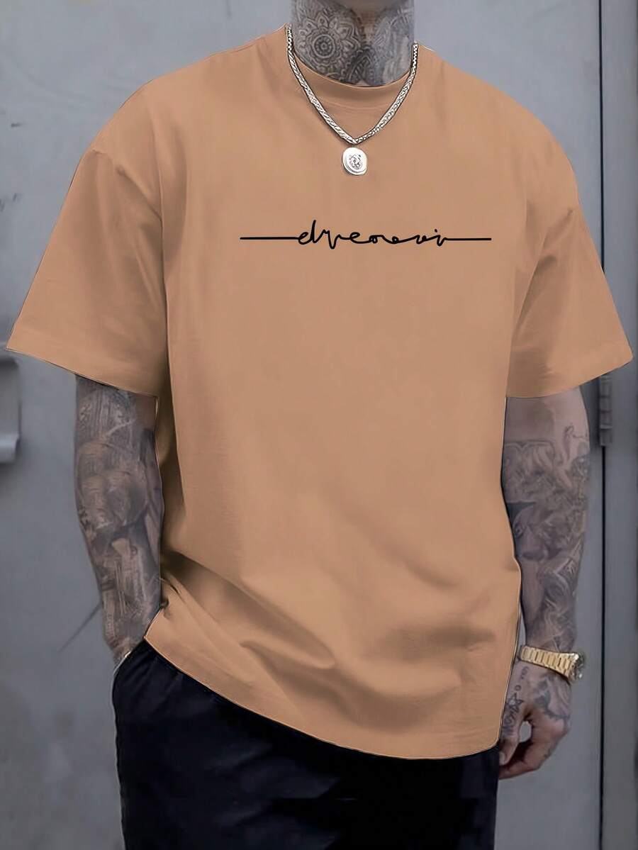 Camiseta estampada de manga corta para verano en talla grande, camisa versátil de manga corta para hombre como capa base. - Caqui - Ver 1