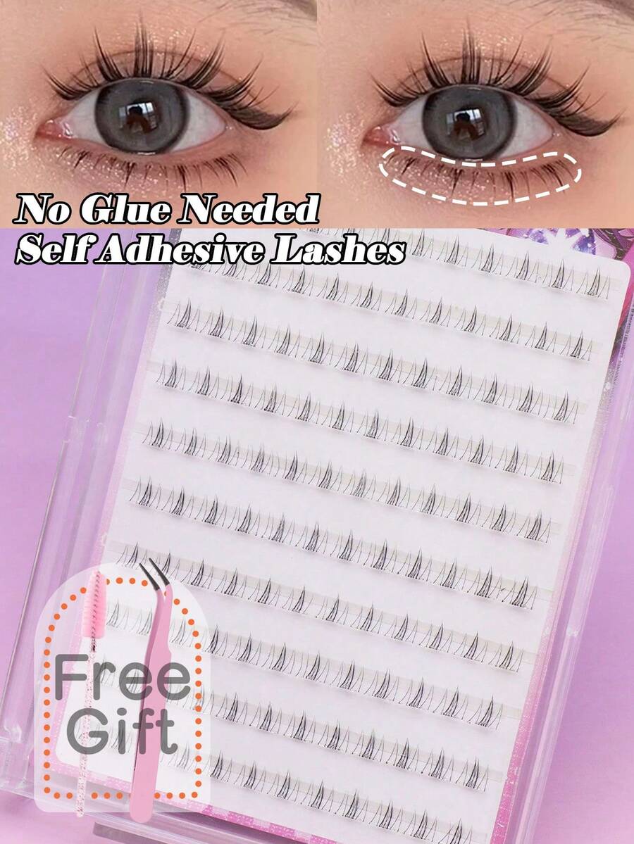 Self-Adhesive Lower Lash Clusters, No Glue Needed, Natural Lower Lashes, Soft Fluffy Segmented False Eyelashes, Pre-Coated Adhesive Design, Easy To Apply, Reusable, Lightweight, Natural Look, Suitable For Doll Eyes, Anime And Daily Makeup - C - View 1