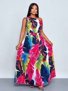Modelo femenino de talla grande para primavera y verano, elegante, casual, de uso diario, con hombros oblicuos, mangas cortas, falda larga, para viajes, vacaciones, citas y paseos por la playa - Rosa Fucsia - Ver 4
