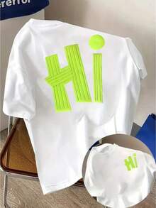 Short-Sleeved T-Shirt, 100% Cotton, With Front And Back Prints - Fluorescent Green - Fashionable Printed T-Shirt For Women, Perfect For Spring/Summer. Versatile And Casual, Suitable For All Seasons. Can Be Worn As A Base Layer In Spring And Autumn Or On Its Own In Summer. Unisex Style,  City-Boy Style Top Made Of Thick Cotton. - 白色 - 查看 12