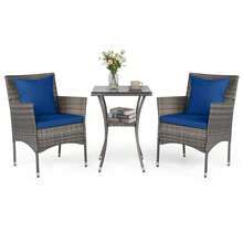 COSTWAY 3 Pieces Patio Wicker Bistro Set, 2 Rattan Chairs With Double-Tier Tempered Glass Table, Outdoor Conversation Furniture Set With Cushions For Backyard, Porch, Poolside, Navy - Blue - View 1