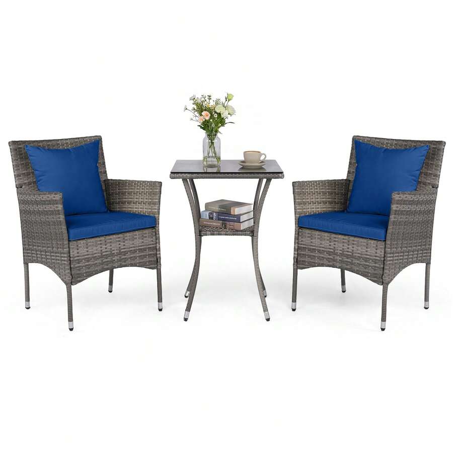 COSTWAY 3 Pieces Patio Wicker Bistro Set, 2 Rattan Chairs With Double-Tier Tempered Glass Table, Outdoor Conversation Furniture Set With Cushions For Backyard, Porch, Poolside, Navy - Blue - View 1