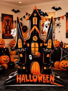 60 Inch Standing Halloween Castle Foil Balloon - Ghost, Bat, Pumpkin, Skeleton Design, Black And Orange Design, No Assembly Required, Indoor/Outdoor Use, Halloween Decoration, Spooky Atmosphere Decor - Halloween Castle - View 5