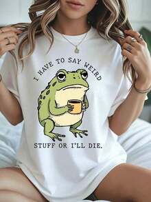 CottonFrog Graphic T-Shirt 'I Have To Say Weird Things Or I'll Die' Casual Loose Fit T-Shirt With Funny Animal Print Summer Essential - 白色 - 查看 7