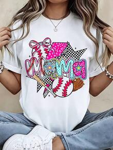 Women's Leopard Print Baseball T-Shirt, Casual Sporty Style With Bat And Glove Design, Perfect For Game Day And Everyday Wear - Vintage Urban Style, Unisex, Cotton, Short Sleeve, Crew Neck, 100% Cotton - 白色 - 查看 7