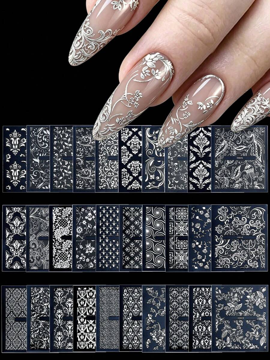 30片全息幻彩銀色彩虹哥德風美甲貼紙，自黏式3D設計INS西式Y2K美學防水DIY美甲沙龍藝術裝飾美甲用品