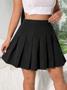 Vibekara Falda mini fruncida de talle alto y unicolor para mujer de talla grande - Negro - Ver 3
