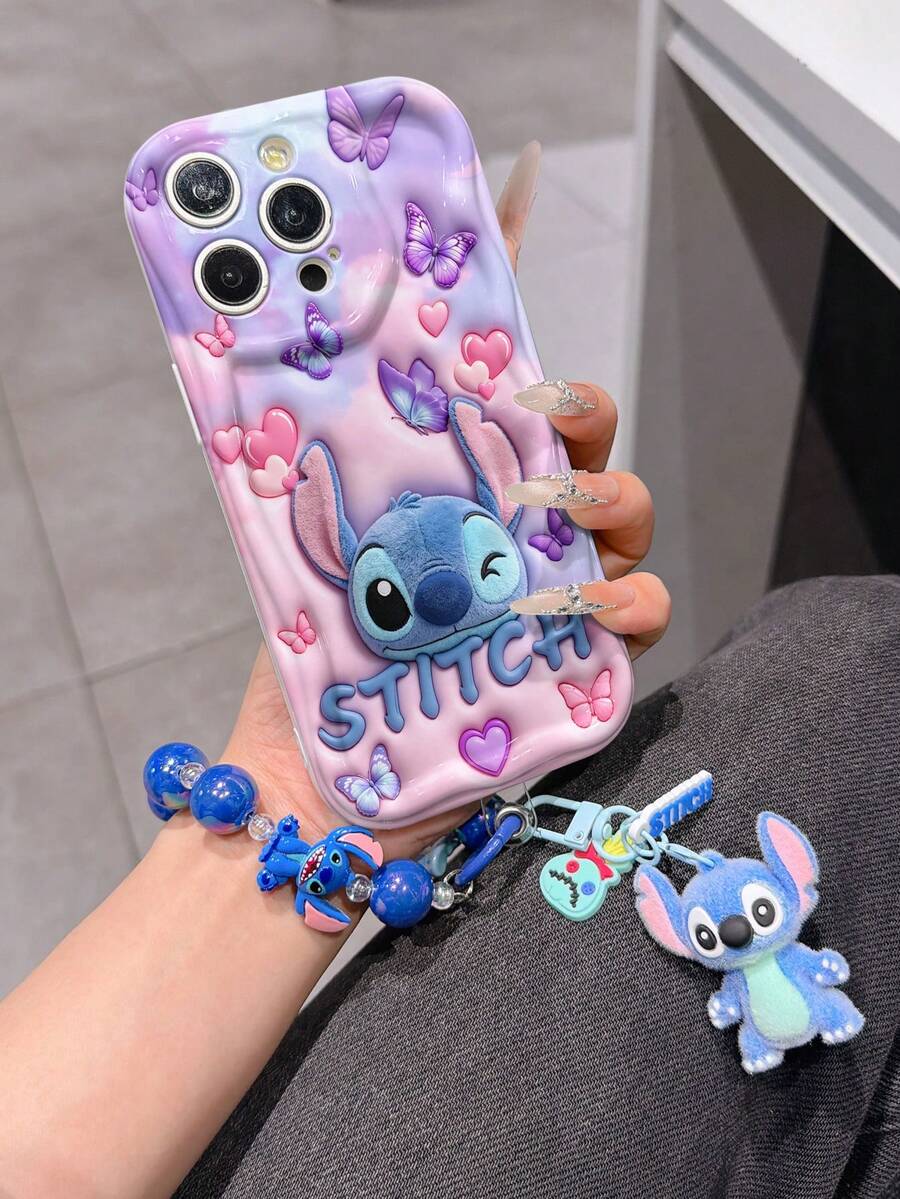 Disney Has Authorized, Phone Case - Chain Set, The Stitch Lilo & Stitch 3D Phone Case Plus A Silicone 3D Stitch Bracelet With Metallic Ring Removable Bracelet, Stitch And Angel Pattern, Compatible With Iphone17/16/15/14/13/12/11/XS/XR/X Plus Pro Max, A Stylish Cartoon Phone Case, The Perfect Gift Choice, Phone Protection, Durable Phone Cover, Great Gift For Friends And Family. - trắng - Xem 1