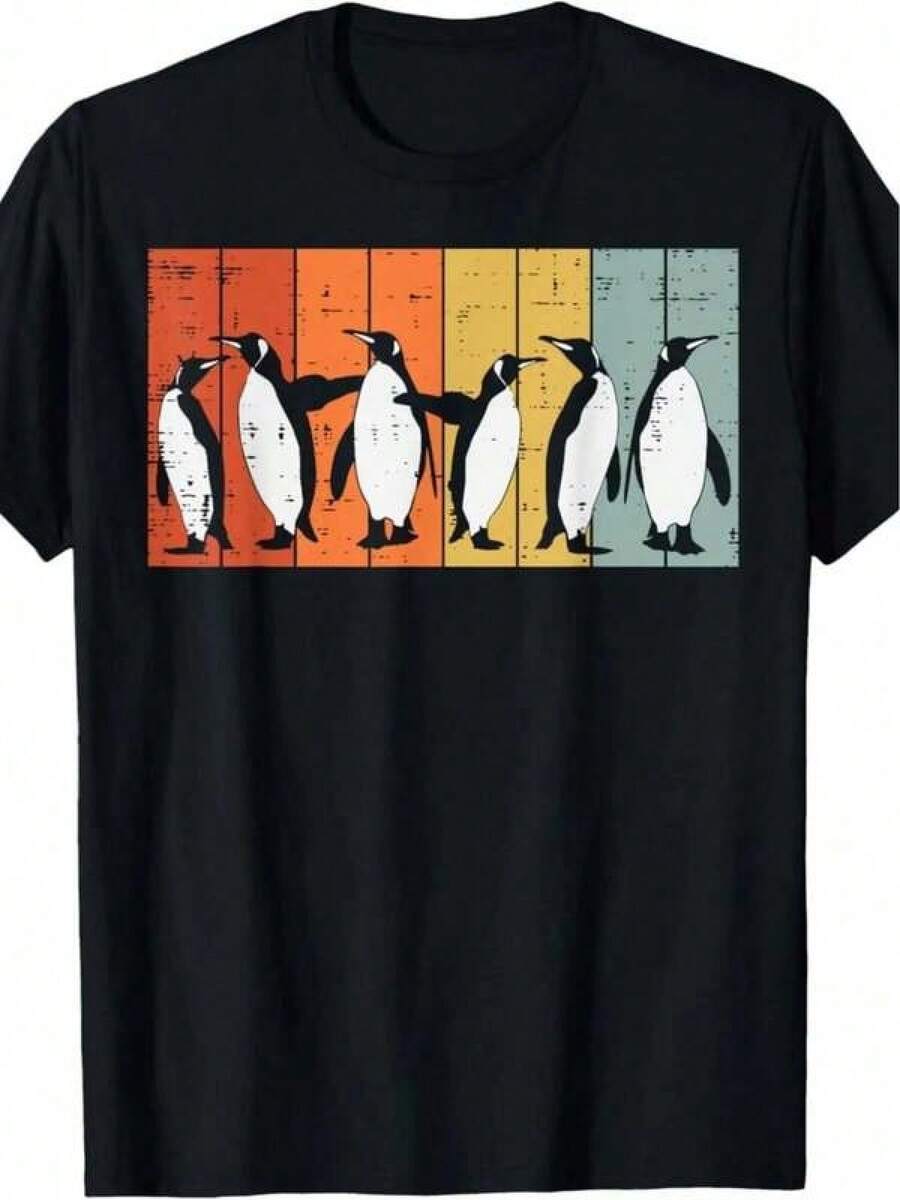 Men's Black Crew Neck Casual T-Shirt With Retro Geometric Penguin Graphic - Soft And Stretchy Fabric, All-Season Comfort, Machine Washable, Stylish T-Shirt, Comfortable Clothing, Vintage Bird Illustration, Non-See-Through Fabric - 黑色 - 查看 1