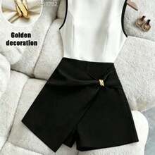 Fengyu Women's Clothing Store  Mono ajustado sin mangas con cuello redondo y decoración de giro de metal para mujer - Blanco y Negro - Ver 1