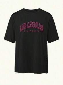 Niche Design. Women's T-Shirt Inspired By Los Angeles, California, Loose Fit, Crew Neck, Casual, With Graphic Letter Print, 100% Cotton - 黑色 - 查看 3