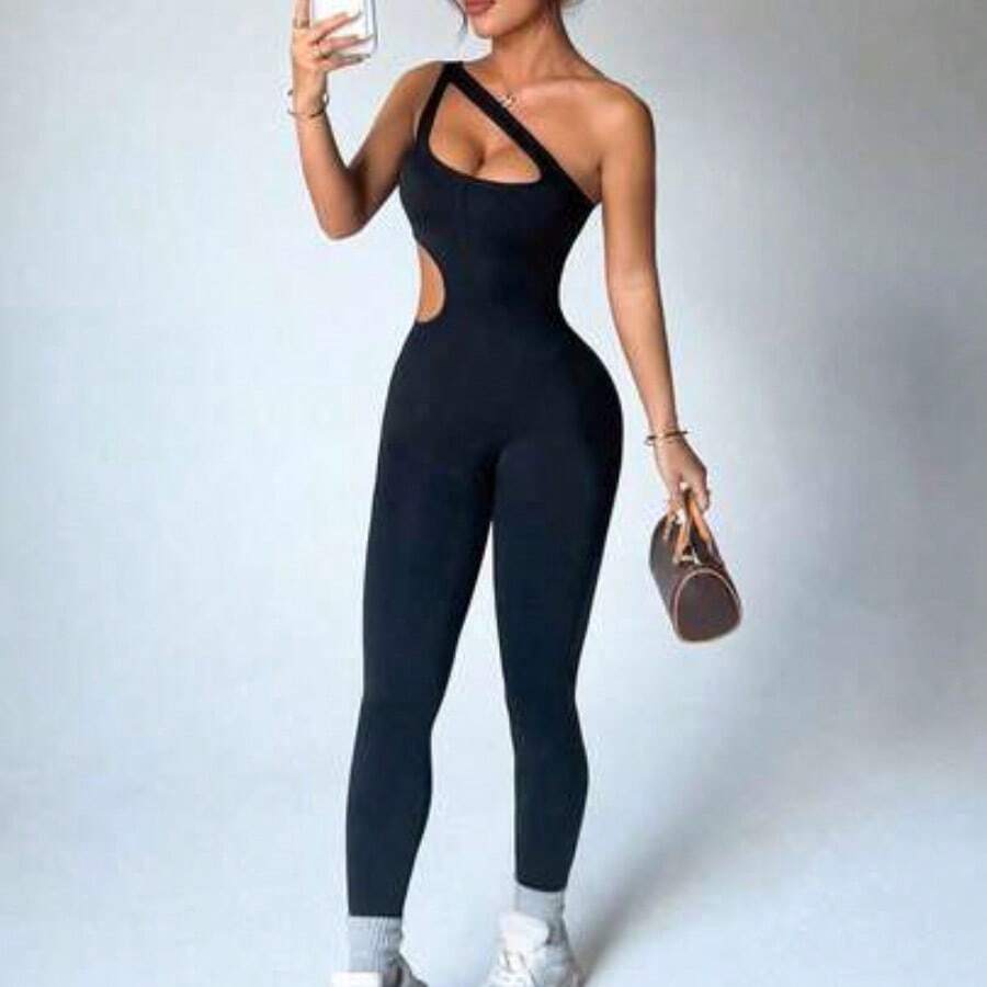 Nana's Women's Clothing Store Dewbera 2 piezas Mono sin mangas negro sin costuras para mujer, diseño de cintura hueca, adecuado para uso en primavera/verano. Apropiado para mono casual, fitness, yoga. - Negro01 - Ver 1