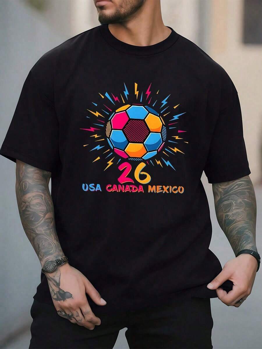 Balón multicolor con rayos y número 26 que simboliza la unión y energía entre USA Canadá y México transmitiendo pasión deportiva y espíritu vibrante Camiseta de hombre - Negro - Ver 1
