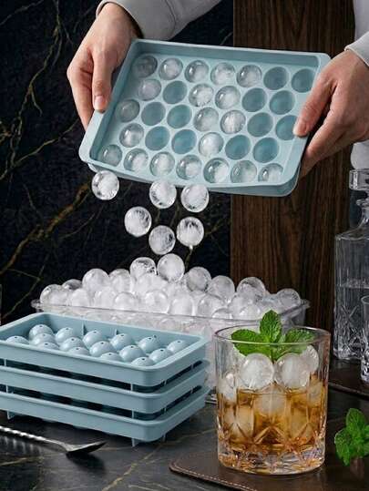 Bộ 5 khay làm đá viên tròn kèm hộp đựng và muỗng, khuôn làm đá viên hình cầu xếp chồng được kèm hộp đựng có nắp đậy, thích hợp cho cà phê đá, rượu whisky, cocktail và đồ uống tiệc tùng, dùng trong tủ lạnh, phụ kiện nhà bếp mùa hè.