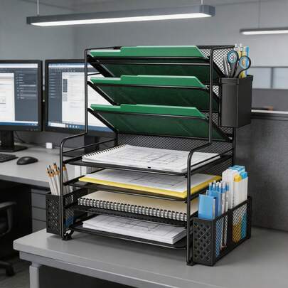 Organizador de escritorio de malla de 7 capas, soporte para papel tamaño carta con marco de ace...