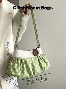 Retro Polka Dot Pleated Shoulder Bag, Y2K Aesthetic Button Decor Cloud Bag, Women's Casual Daily Sling Purse ((High-Quality Nylon Material, Maintains Shape, Waterproof, Durable, Suitable For Daily Use.)) - Green - View 3