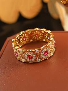Vanel 1pc Elegant Fashionable Red And Transparent Cubic Zirconia Inlaid Hollow Design Ring, Suitable For Women's Daily Wear - Golden-red - View 2