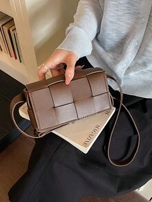 2026新款编织简约休闲手提包，个性化宽肩带单肩包，时尚女士斜挎包 - 咖啡 - 查看 7