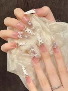 10PCS Long Oval /Stiletto Handmade Press On Nails For Party And Daily Wear,Pink Nails,Cute Bow,Shiny Cat's Eye,Shiny ,Summer Nails,Easy To Wear 10pcs Y2K Handmade Press On Nails,Suitable For Girls And Women Festivals Parties And Daily Wear.Great - Pink - View 3