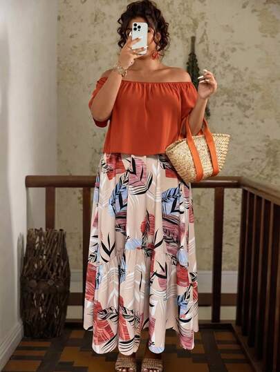 Plus Size Women's Random Print Woven Fabric Off Shoulder Two Pieces Set, Summer Beach Vacation