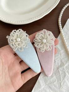1pc Elegant Rhinestone & Faux Pearl Flower Decor Blue & Pink BB Hair Clip, Luxury Side Hairpin New Hair Accessory,Hair Barrettes - Multicolor - View 2