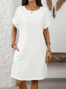 Vestido corto de mujer con cuello redondo y manga corta con estampado de líneas - Blanco - Ver 7