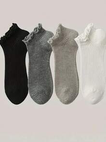 4/5/8 pares de calcetines cortos de mujer de unicolor, clásicos y versátiles, con borde de volantes transpirables. Calcetines de estilo Lolita minimalista con encaje y rayas verticales, adecuados para uso diario, casual, deportivo, viajes y regalos para todas las festividades, primavera/verano - Multicolor - Ver 5