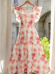 Vestido largo de verano para mujer, cuello redondo, mangas con volantes, cintura elástica, corte evasé, estampado floral digital, informal, para ir al trabajo, vacaciones, fiesta, vestido de verano - Multicolor - Ver 7