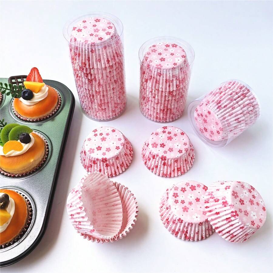 Cake Cupcake Liners, Pink Floral Greaseproof Paper Cupcake Liners, Baking Paper Liners, Cake Liners, Baking Tools, Cake Tools - Pink Flowers - View 1