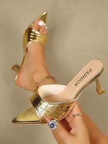 Women's Summer New Fashion Gold Pointed Toe Stiletto Heels, Elegant Comfortable Rhinestone Metal Buckle High Heel Sandals - Gold - View 3