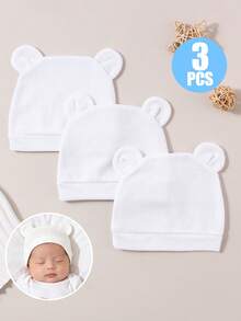 3件裝新生兒醫院帽，超柔軟熊耳針織帽，適合0-3個月嬰兒，親膚舒適嬰兒帽，中性款 - 3PCS - 查看 1