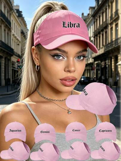 1pc Women's Zodiac Print Ponytail Baseball Cap, Casual Messy Bun Ponytail Hat, Lightweight Breathable Visor Cap, Fashionable Visor Sun Hat, Suitable For Outdoor Sports ,Casual Daily Wear,Summer Sun Protection,Daily Commutes