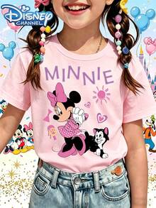 Disney T-Shirt Short Sleeves Made Of 100% Pure Cotton Fabric Cute Minnie Mouse T-Shirt Pink With Minnie And Friends Print And Text For Kids Disney Channel Themed Outfit Perfect For Playdates And Casual WearGifts Suitable For Girls - Pink - View 2
