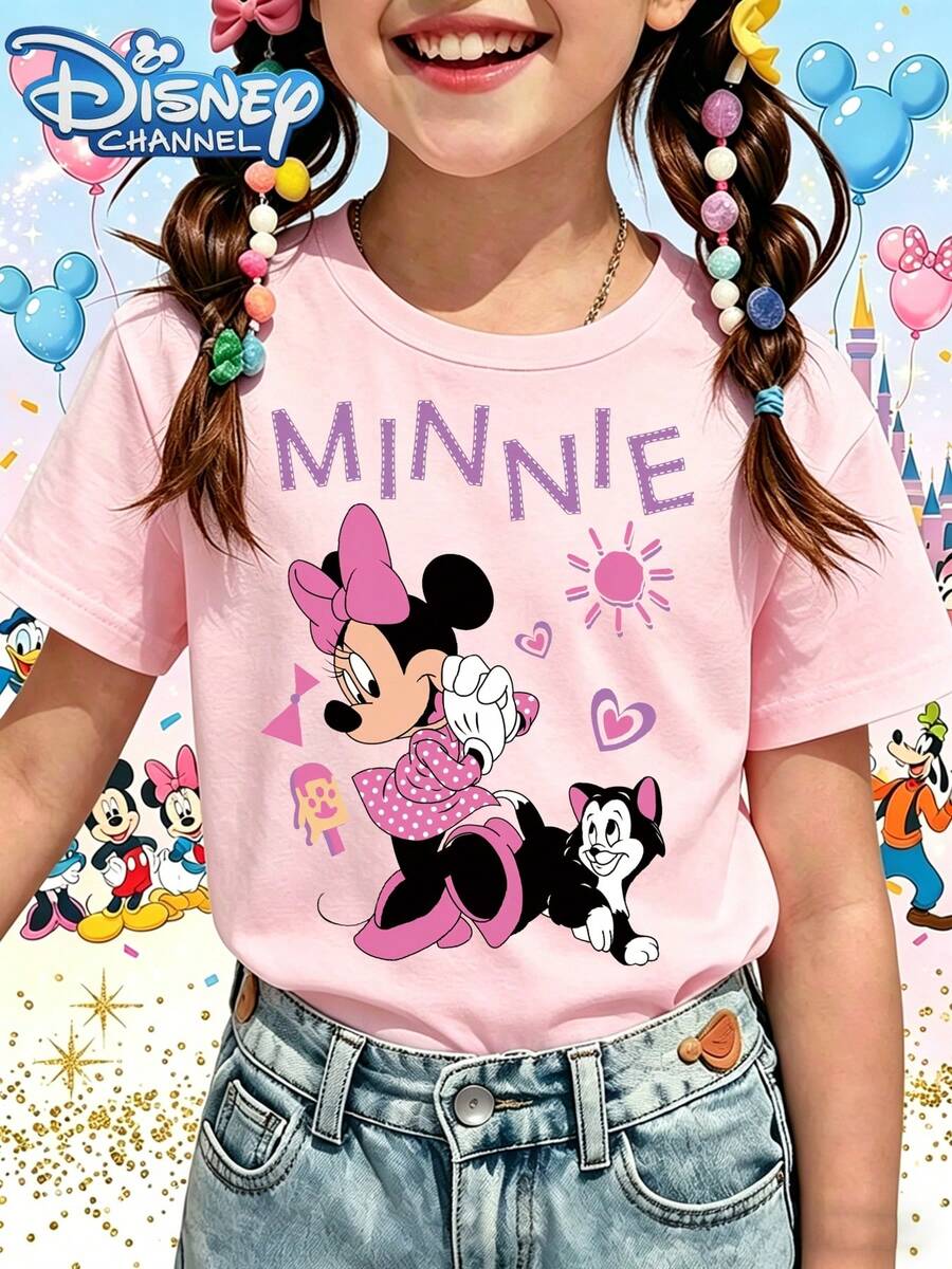 Disney T-Shirt Short Sleeves Made Of 100% Pure Cotton Fabric Cute Minnie Mouse T-Shirt Pink With Minnie And Friends Print And Text For Kids Disney Channel Themed Outfit Perfect For Playdates And Casual WearGifts Suitable For Girls