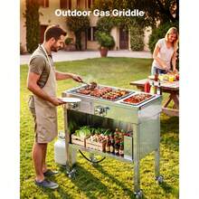 Outdoor Propane Griddle, 2 Burners (11,600 BTU Each), Commercial Stainless Steel Gas Griddle Cart With 4 Lockable Wheels, 1/3 Food Pan, Easy-Grip Side Handle, Ideal For Hot Dogs, Burgers & Meats - 2 Burners, One Pan - View 2