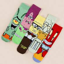 SpongeBob SquarePants 5雙隨機款 SquarePants 卡通中筒襪，適合街頭風與休閒穿搭，可愛校服與日常穿著 - 彩色 - 查看 8