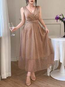 Vestido largo y elegante, minimalista y casual, con cuello en V, sin mangas, cintura marcada y totalmente lentejuelado, para mujer - Naranja Quemada - Ver 2